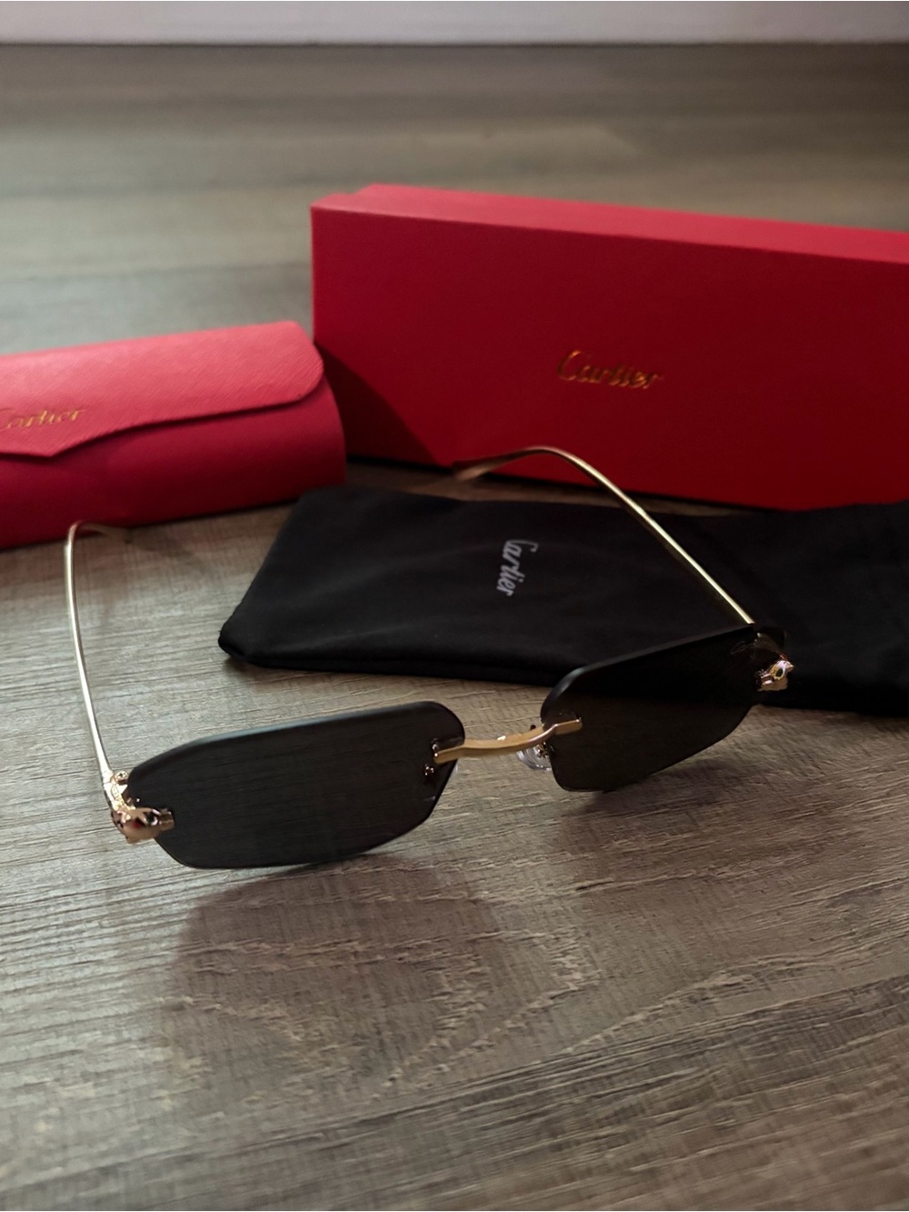Cartier Black Rimless Sunglasses with Gold-tone Temples